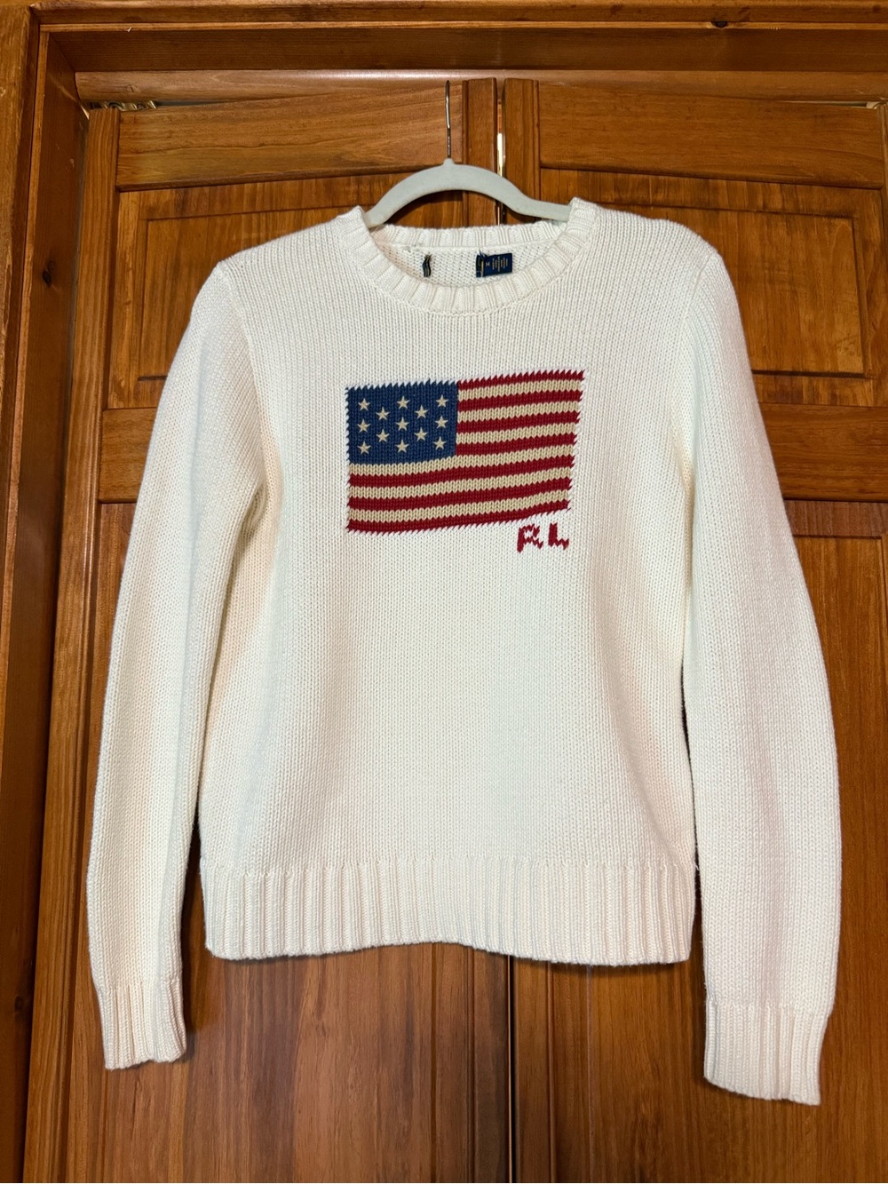 Ralph Lauren Cream Crewneck Sweater with Flag Intarsia and Red Accent
